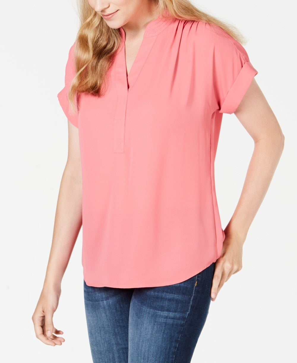 Top feminino Charter Club Petite com decote aberto e manga curta, rosa, tamanho 44