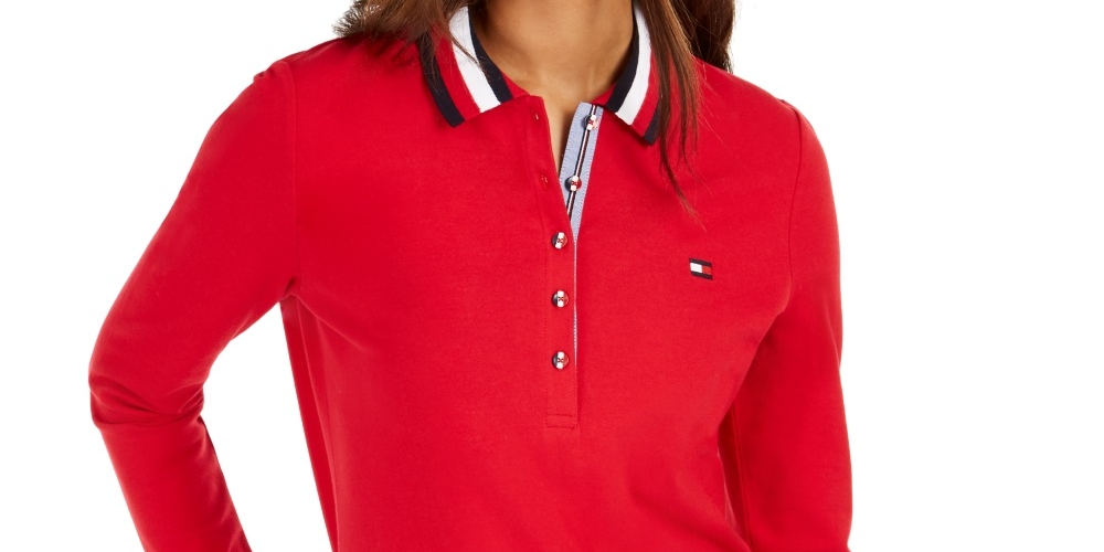 Camisa polo feminina Tommy Hilfiger com gola listrada, vermelha, tamanho pequeno
