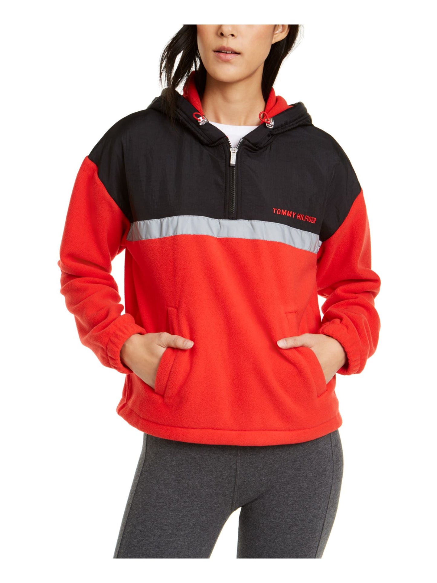 Tommy Hilfiger Moletom com capuz feminino com bolsos e blocos de cores, manga comprida e zíper, tamanho médio, vermelho