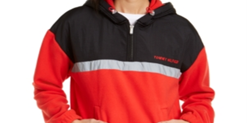 Tommy Hilfiger Moletom com capuz feminino com bolsos e blocos de cores, manga comprida e zíper, tamanho médio, vermelho