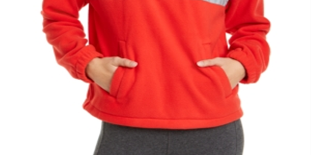 Tommy Hilfiger Moletom com capuz feminino com bolsos e blocos de cores, manga comprida e zíper, tamanho médio, vermelho