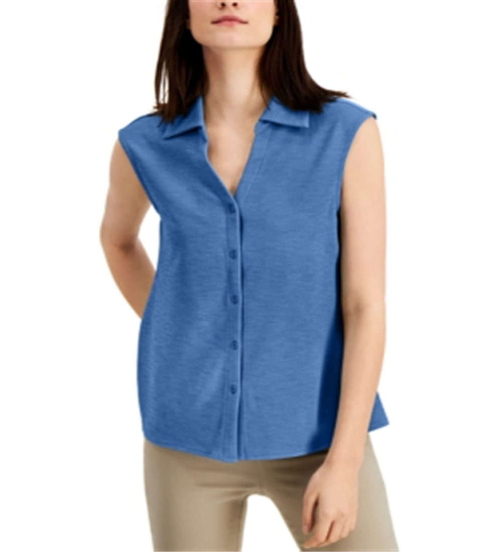 Blusa feminina Alfani com botões e gola alta, azul, tamanho XX-G