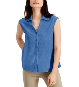 Blusa feminina Alfani com botões e gola alta, azul, tamanho XX-G