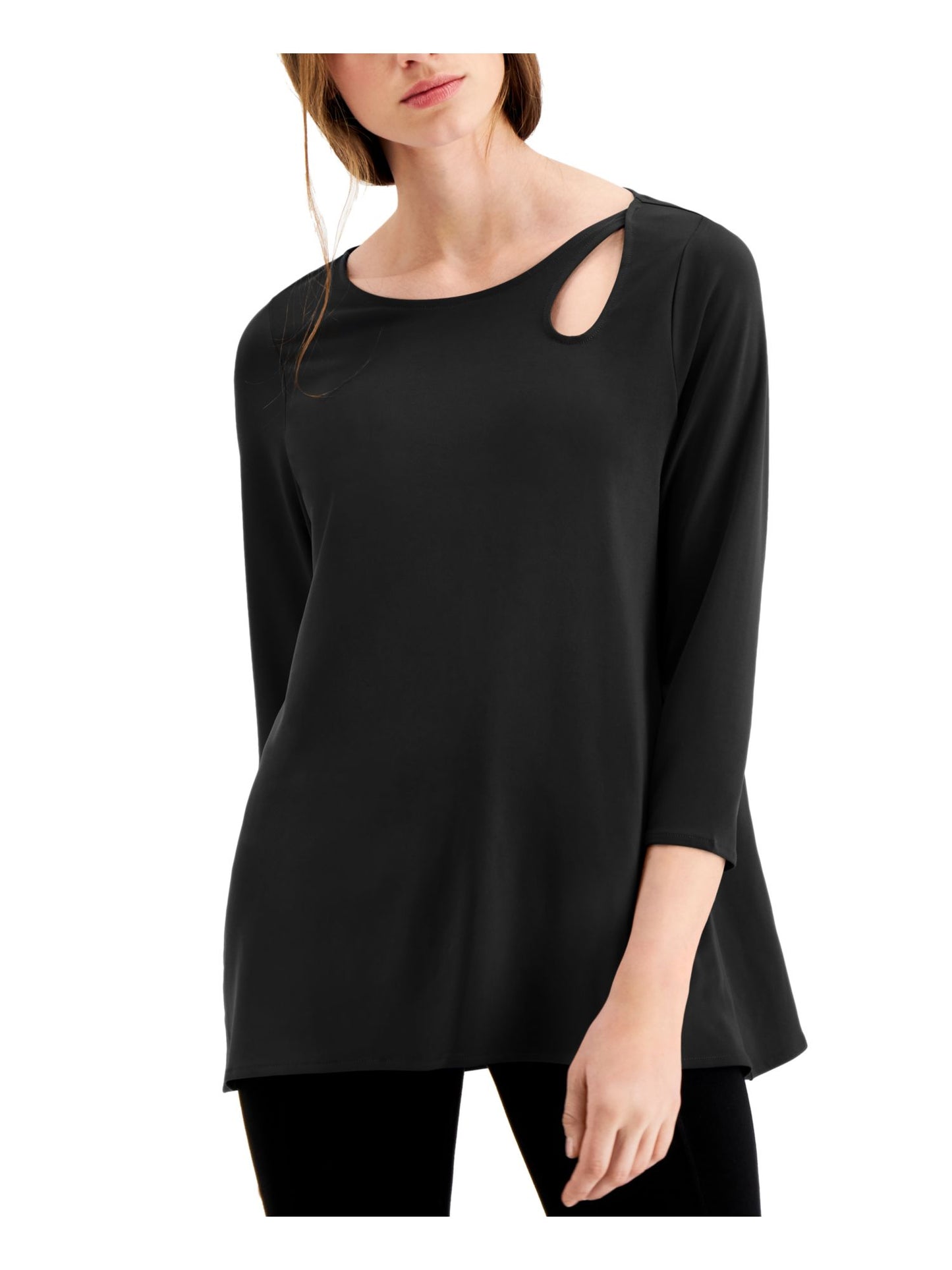 Blusa feminina Alfani com recorte em formato de buraco de fechadura e manga 3/4, preta, tamanho médio
