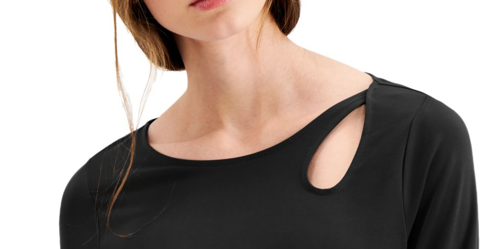 Blusa feminina Alfani com recorte em formato de buraco de fechadura e manga 3/4, preta, tamanho médio