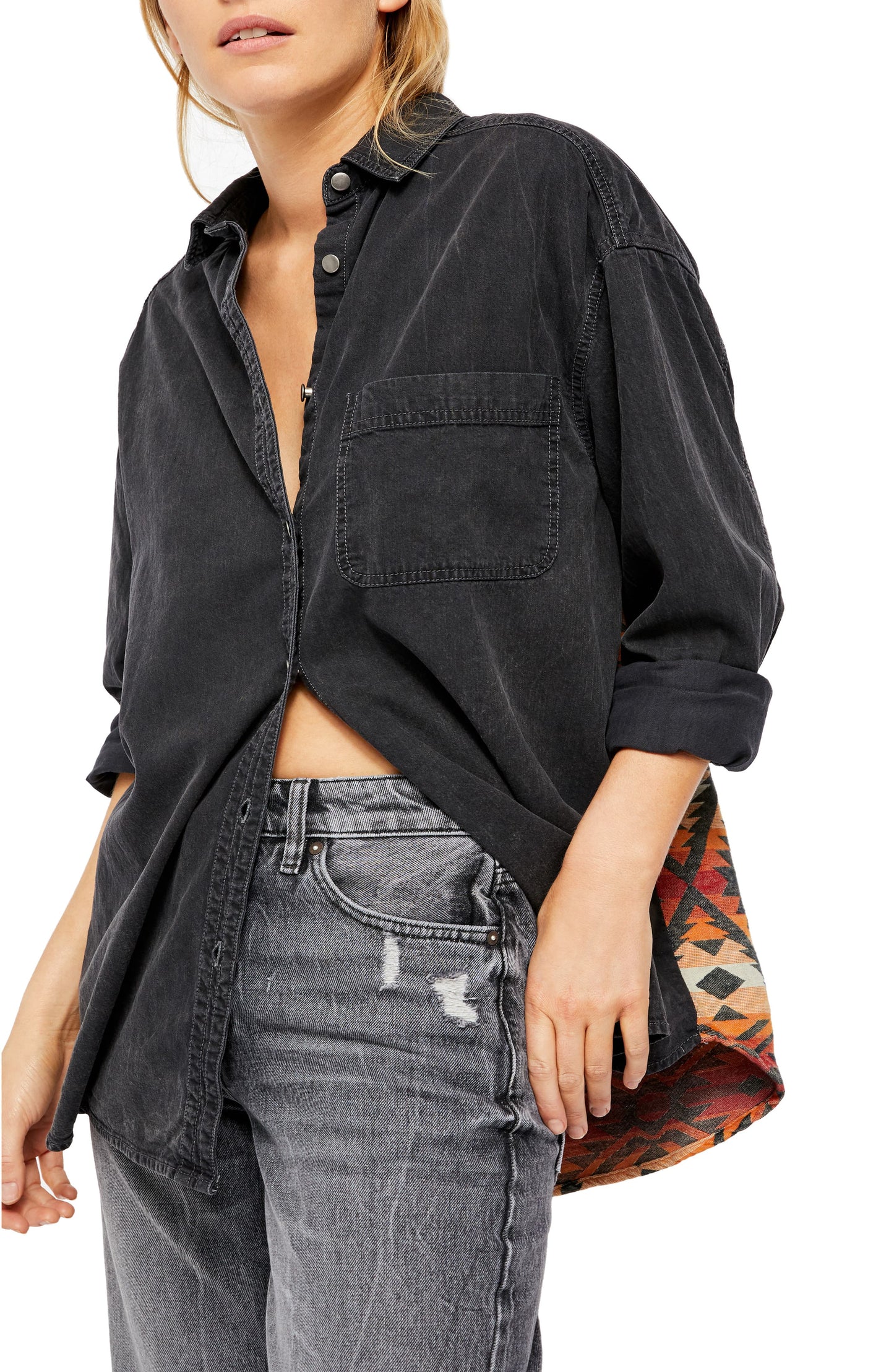 Camisa feminina Echo Rock Washed da Free People, preta, tamanho médio