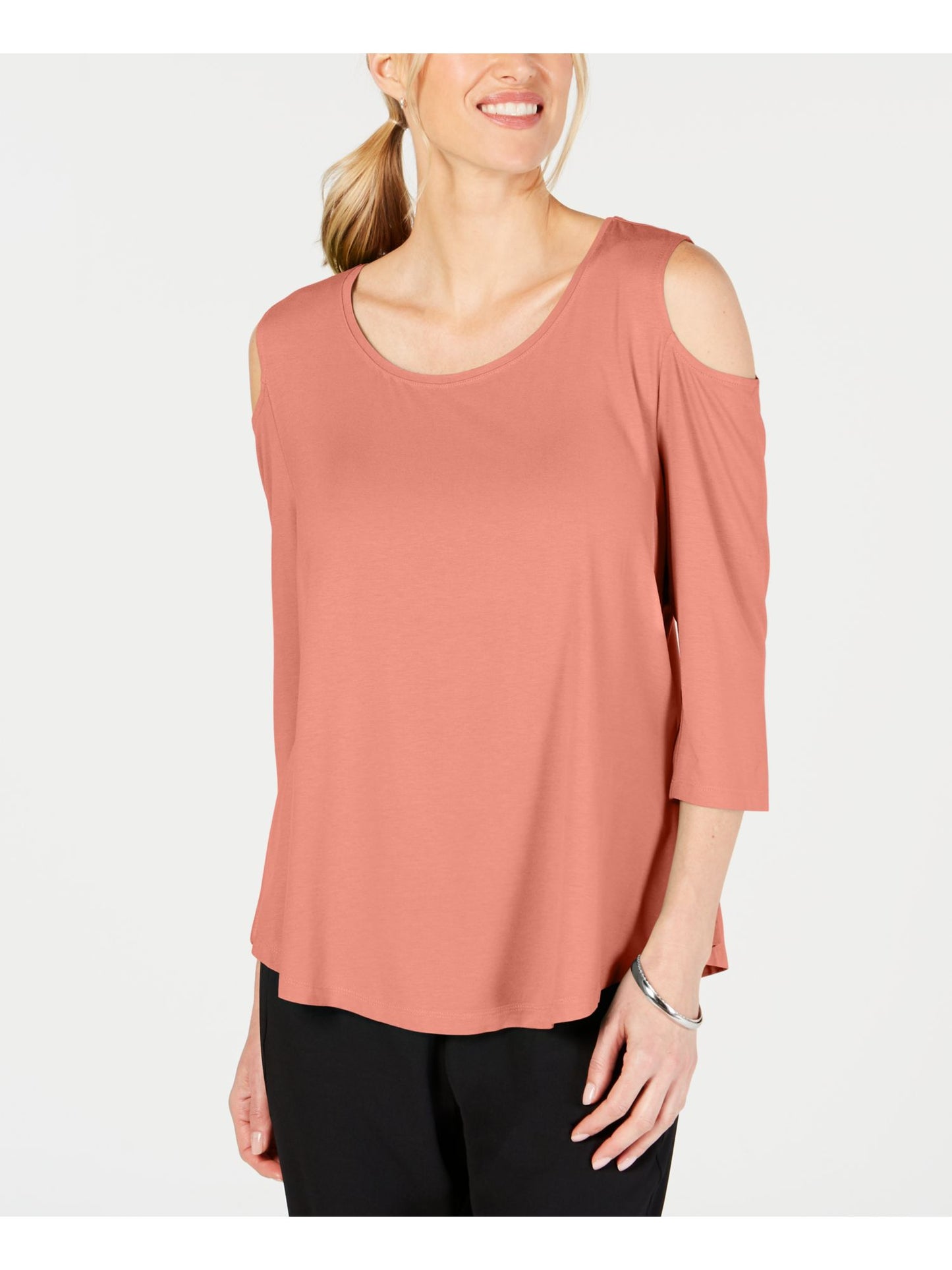 JM Collection Top Feminino com Ombros Descobertos, Manga 3/4, Gola Redonda, Rosa, Tamanho Pequeno Médio