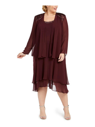 Vestido e jaqueta femininos enfeitados Sl Fashions, cor vinho, tamanho 16W