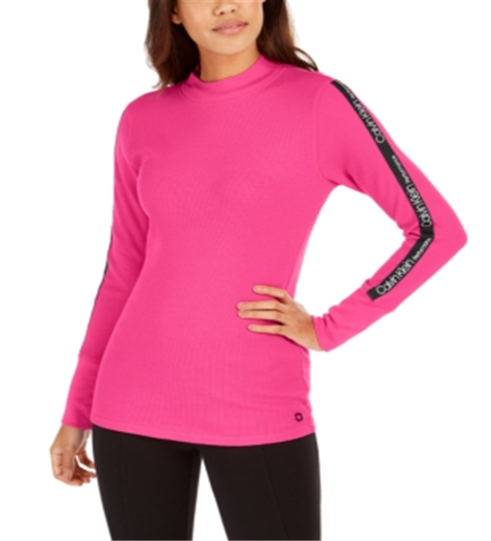 Camiseta Calvin Klein Feminina Performance Logo Listrada Gola Moletom Rosa Tamanho P