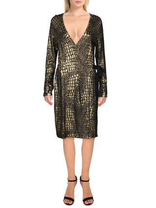 Vestido de festa feminino INC International Concepts com estampa de manga comprida, decote em V acima do joelho, amarelo, tamanho pequeno