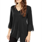 Blusa feminina Alfani com decote em V e acabamento em malha, preta, tamanho grande