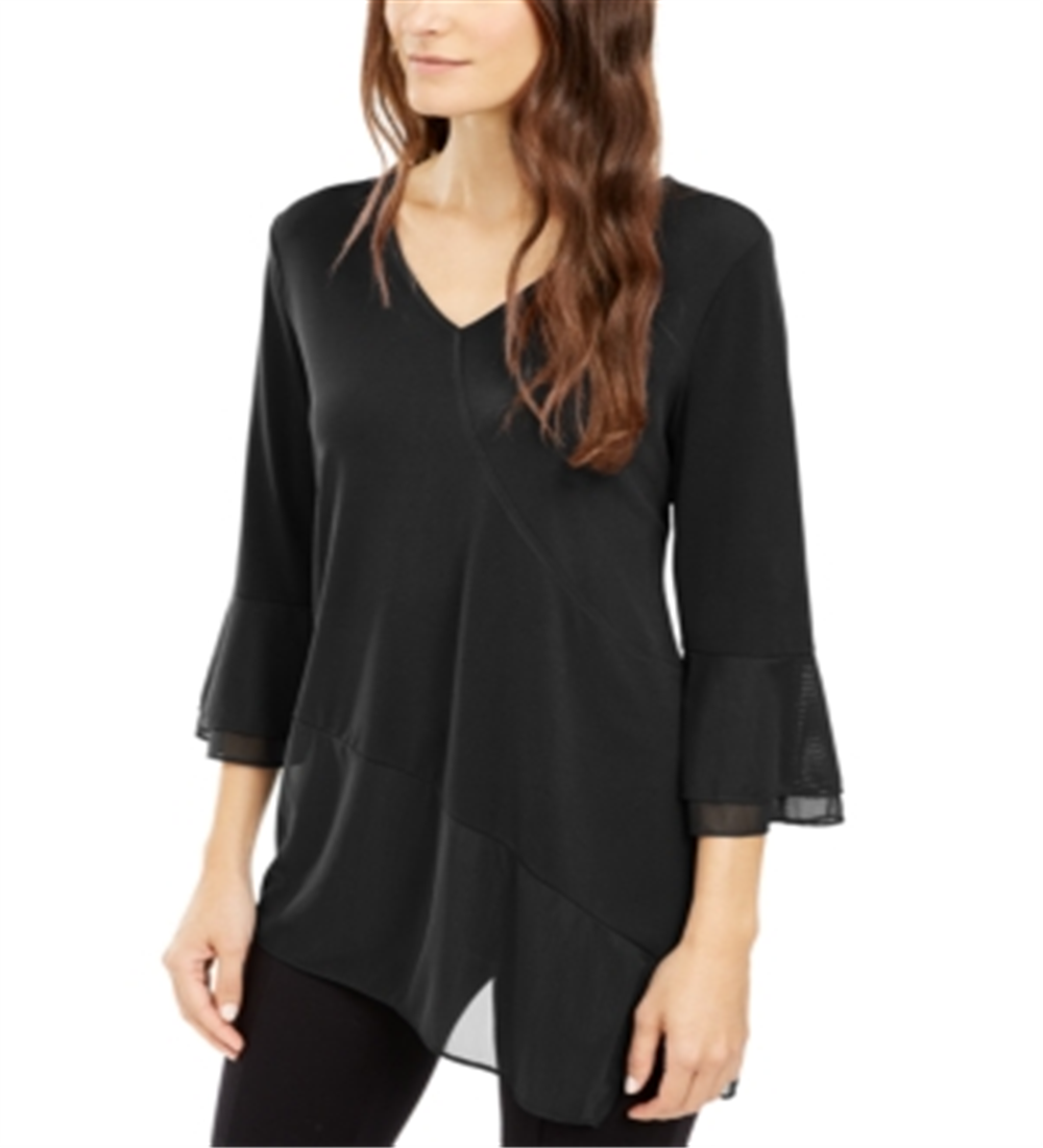 Blusa feminina Alfani com decote em V e acabamento em malha, preta, tamanho grande