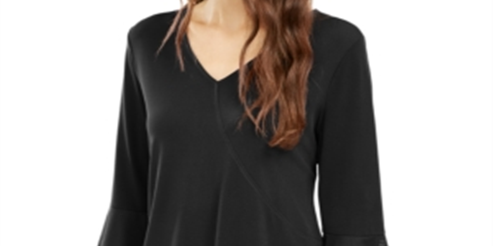 Blusa feminina Alfani com decote em V e acabamento em malha, preta, tamanho grande