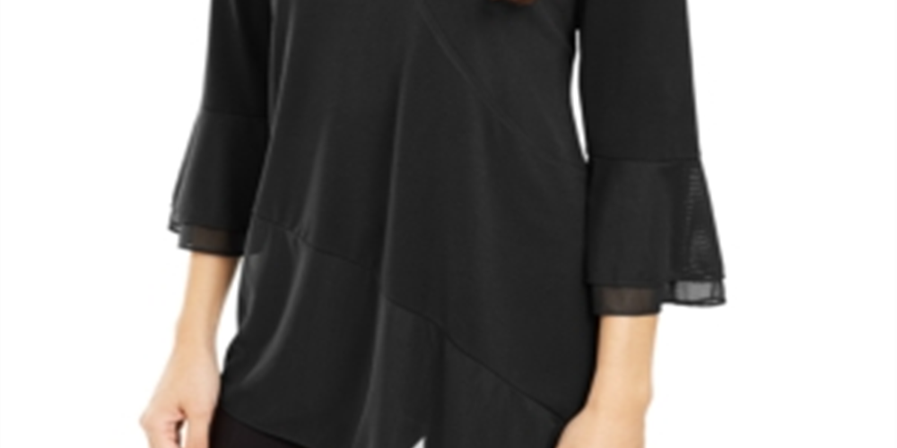 Blusa feminina Alfani com decote em V e acabamento em malha, preta, tamanho grande