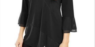 Blusa feminina Alfani com decote em V e acabamento em malha, preta, tamanho grande