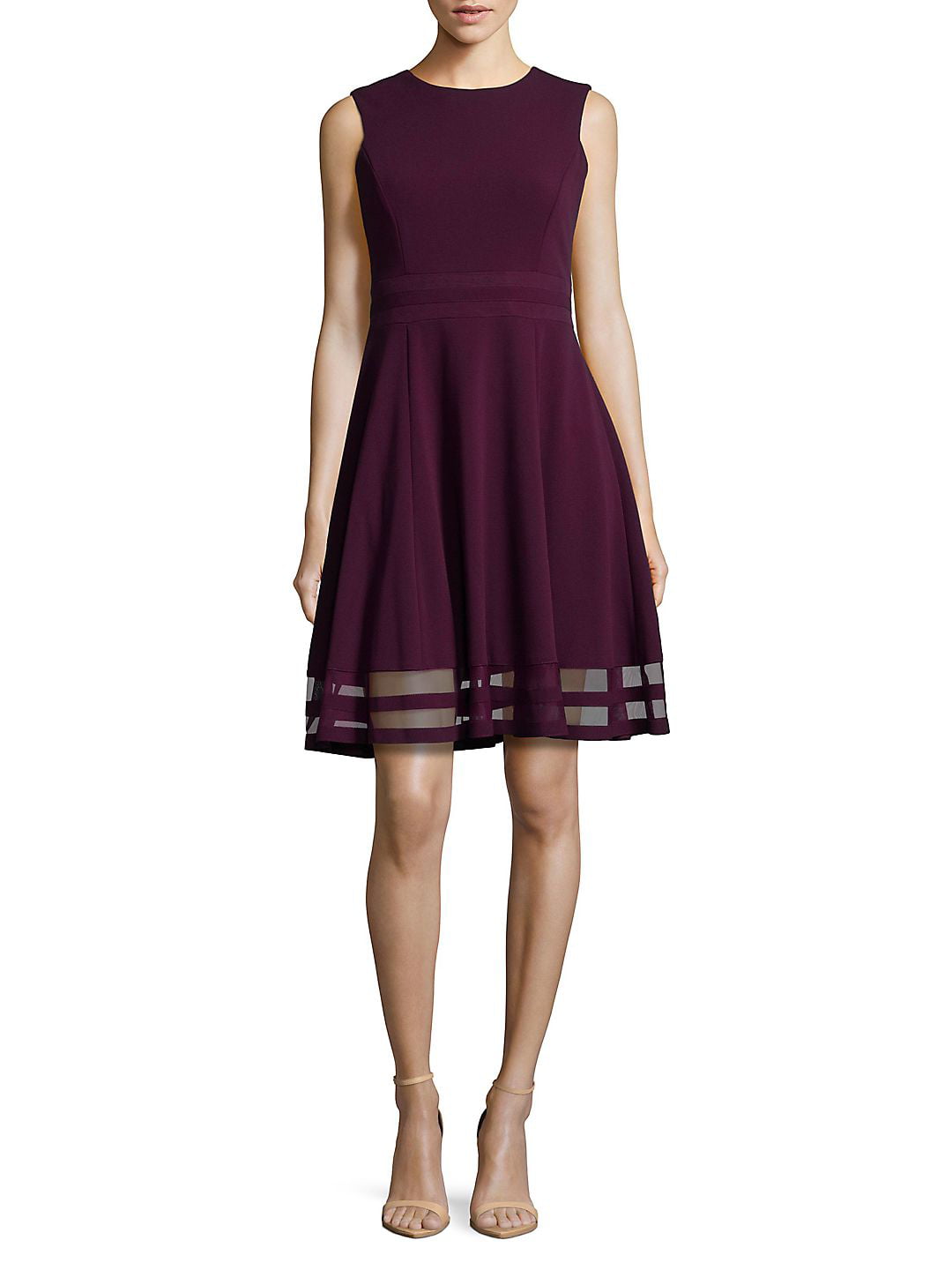 Vestido de festa Calvin Klein feminino sem mangas acima do joelho, estilo flare, roxo, tamanho 10