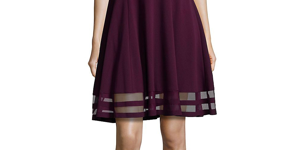 Vestido de festa Calvin Klein feminino sem mangas acima do joelho, estilo flare, roxo, tamanho 10