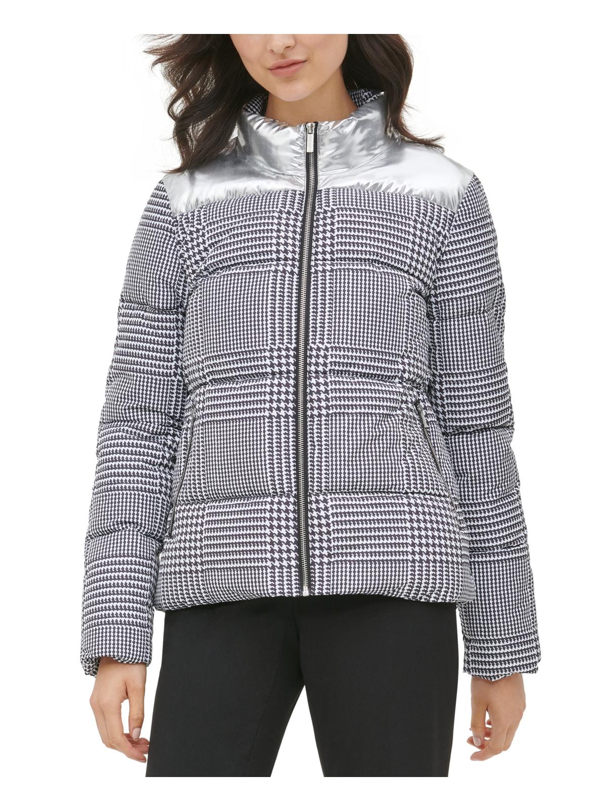 Jaqueta Puffer Calvin Klein Feminina Estampa Pied-de-poule com Acabamento Metálico Cinza Tamanho P