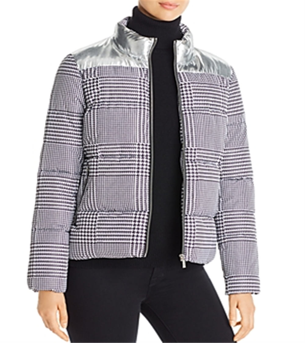 Jaqueta Puffer Calvin Klein Feminina Estampa Pied-de-poule com Acabamento Metálico Cinza Tamanho P