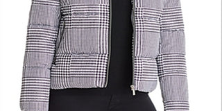 Jaqueta Puffer Calvin Klein Feminina Estampa Pied-de-poule com Acabamento Metálico Cinza Tamanho P