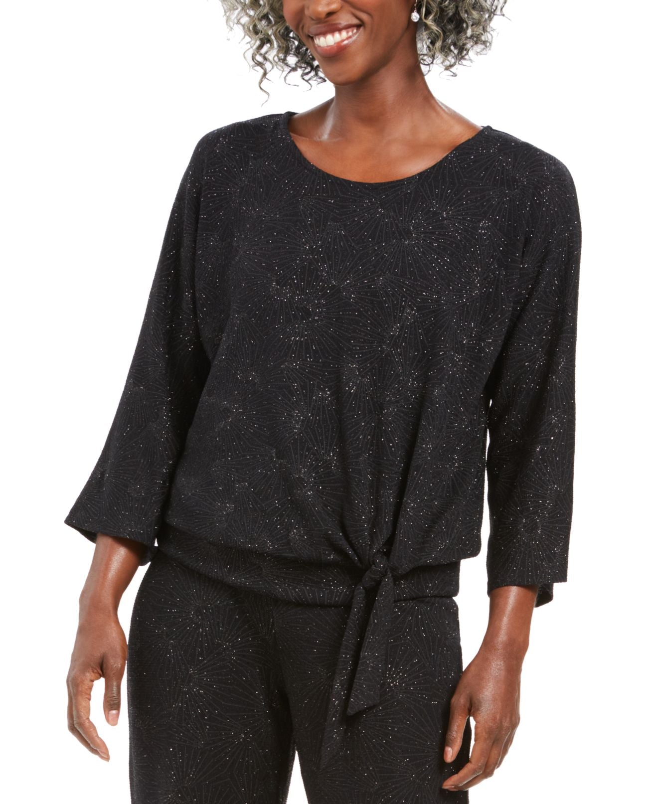 Blusa feminina com estampa frontal de glitter da coleção JM, preta, tamanho pequeno