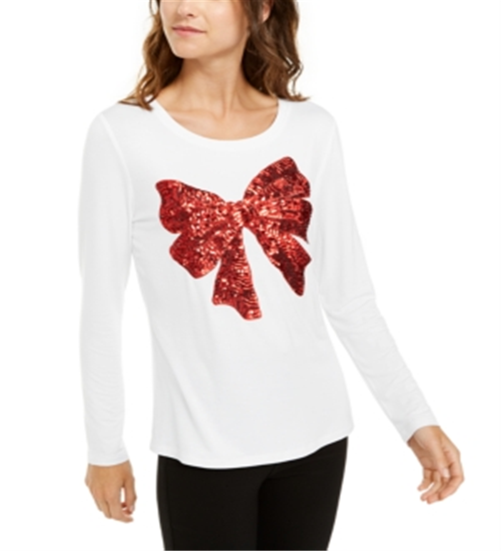 Blusa feminina com lantejoulas e laço, branca, tamanho M, da INC International Concepts