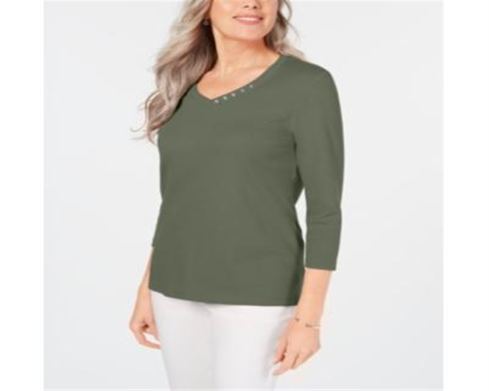 Karen Scott Blusa feminina de algodão com decote em V e acabamento em botões, verde, tamanho XXG