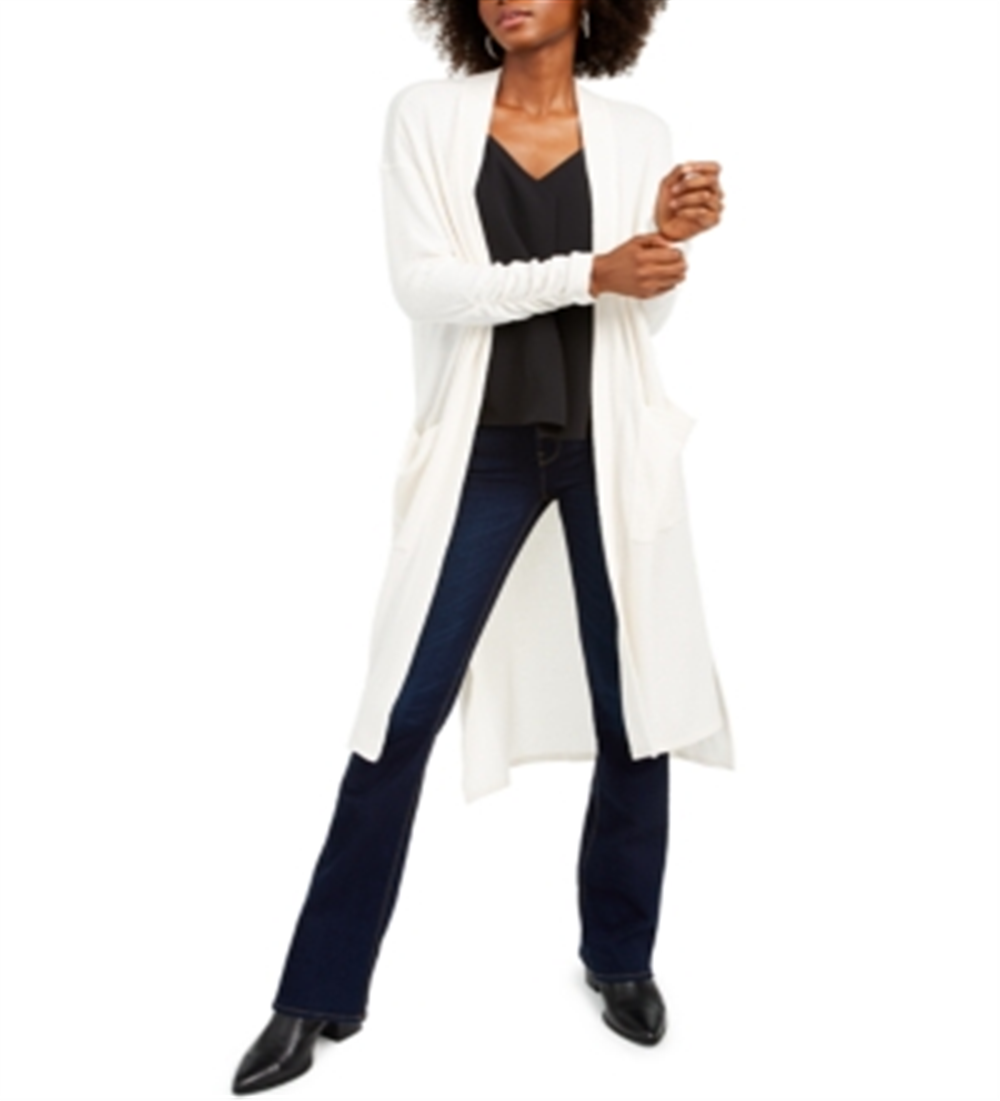 1.STATE Suéter Maxi Cardigan Feminino de Malha Waffle Branco