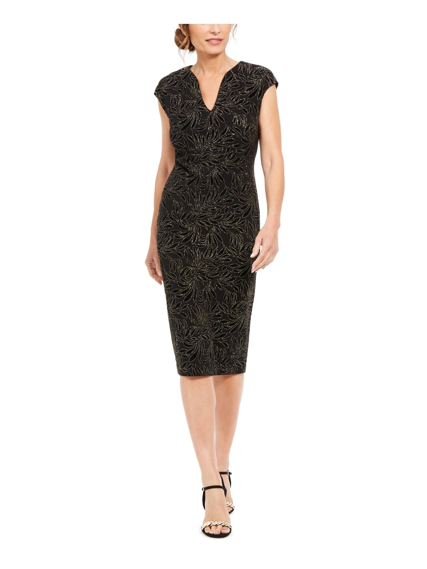 Vestido de coquetel feminino Connected com estampa de zíper, manga curta, decote em V abaixo do joelho, amarelo, tamanho 12