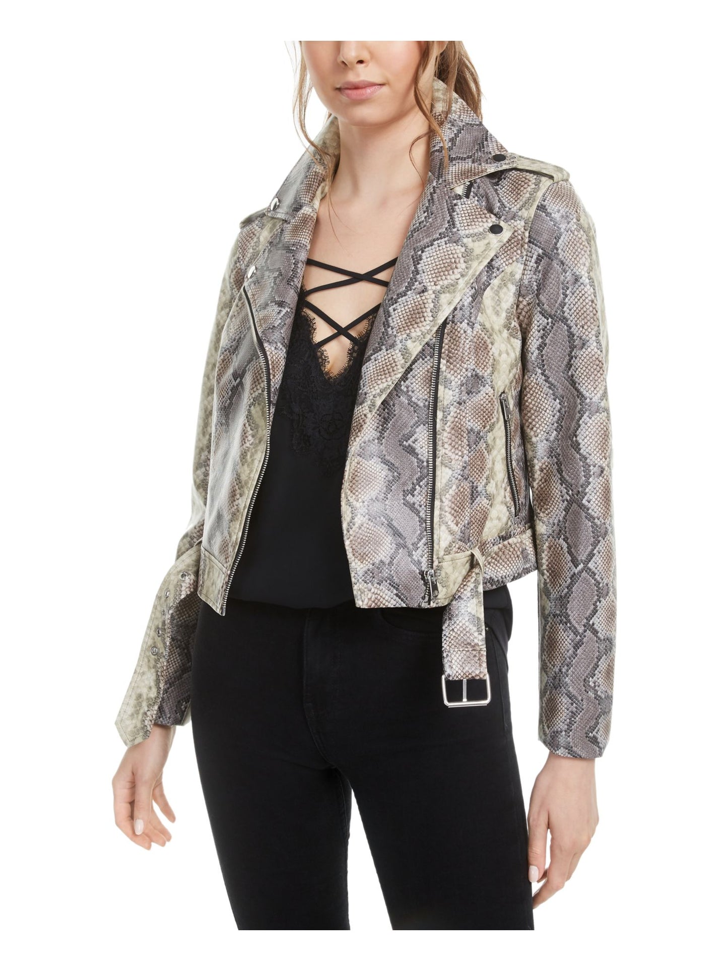 Jaqueta feminina Bar III de couro sintético com estampa animal e zíper, azul, tamanho grande