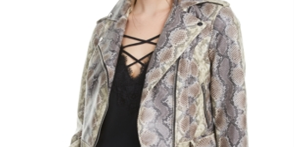 Jaqueta feminina Bar III de couro sintético com estampa animal e zíper, azul, tamanho grande