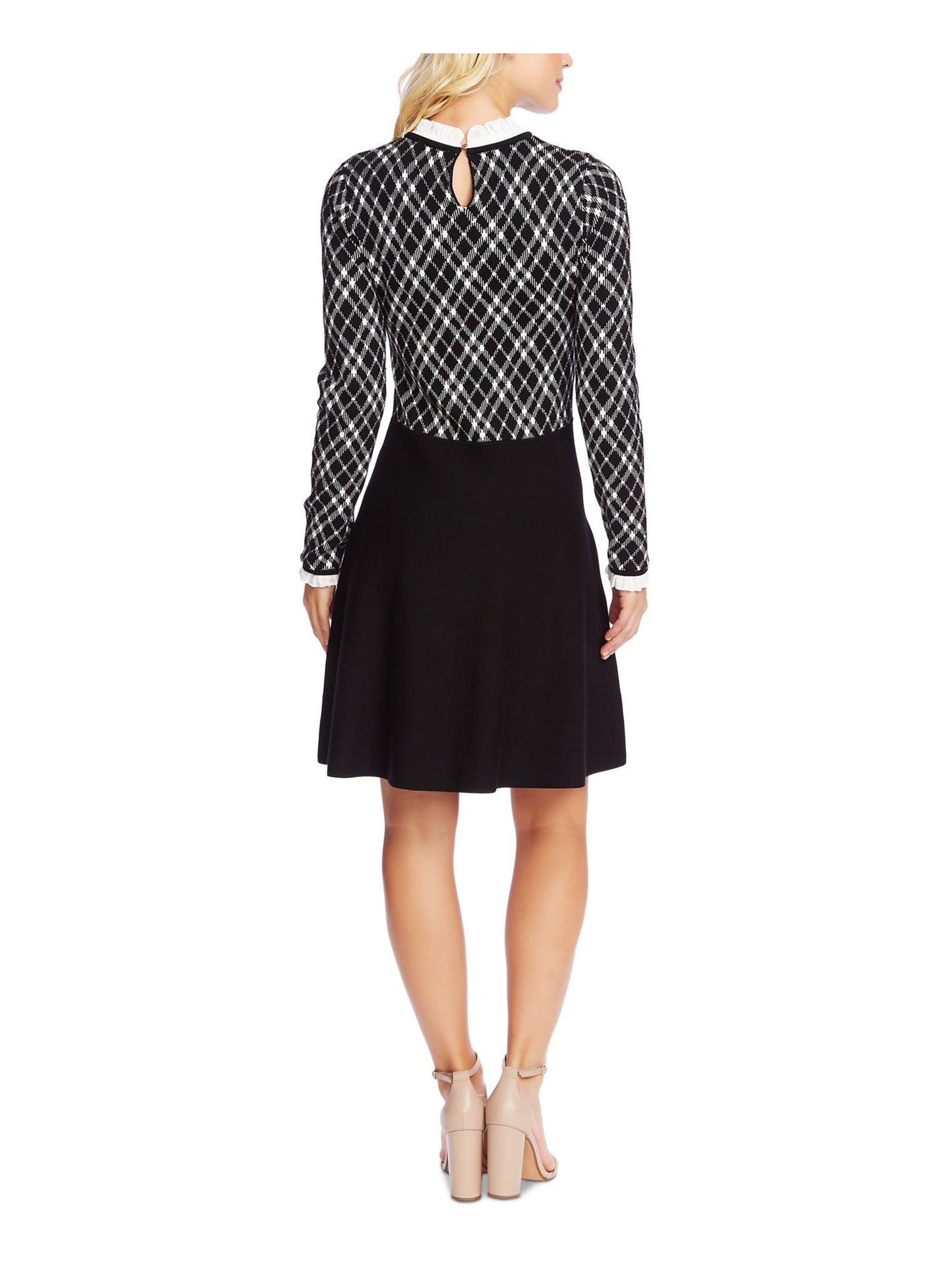 Vestido suéter feminino CeCe com gola babada em jacquard e ajuste evasê, preto, tamanho P