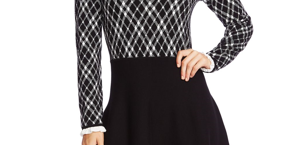 Vestido suéter feminino CeCe com gola babada em jacquard e ajuste evasê, preto, tamanho P