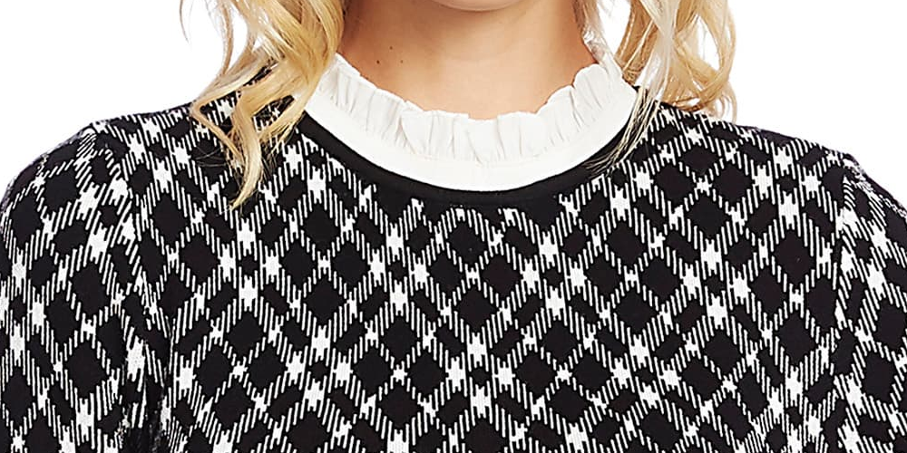 Vestido suéter feminino CeCe com gola babada em jacquard e ajuste evasê, preto, tamanho P