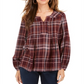 Blusa feminina xadrez manga longa com botões estilo &amp; co, roxa, tamanho extrapequeno