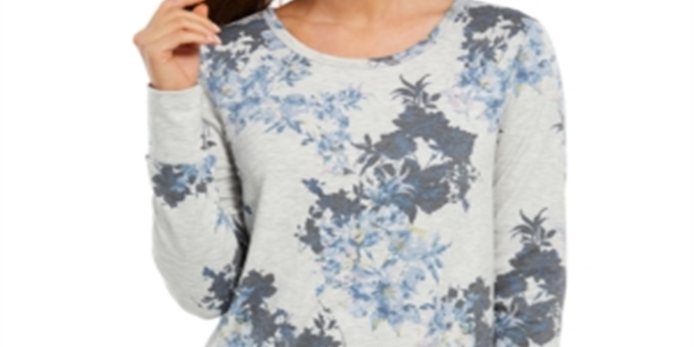 Camiseta feminina floral de manga comprida com gola redonda, suéter cinza, tamanho grande