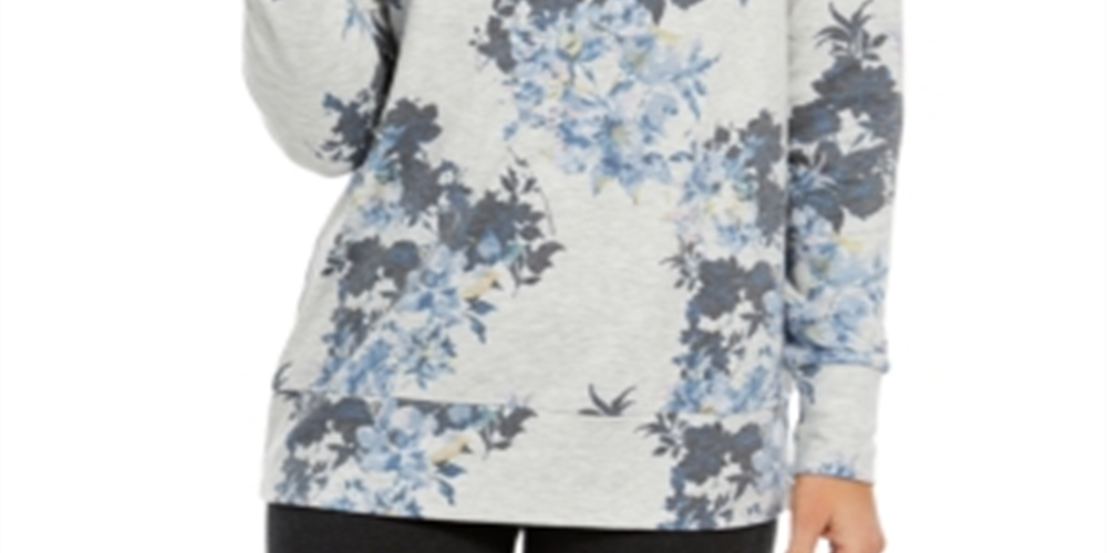 Camiseta feminina floral de manga comprida com gola redonda, suéter cinza, tamanho grande