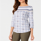 Charter Club Blusa feminina estampada com manga 3/4, branca, tamanho pequeno GG