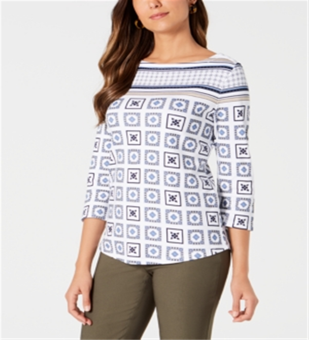 Charter Club Blusa feminina estampada com manga 3/4, branca, tamanho pequeno GG