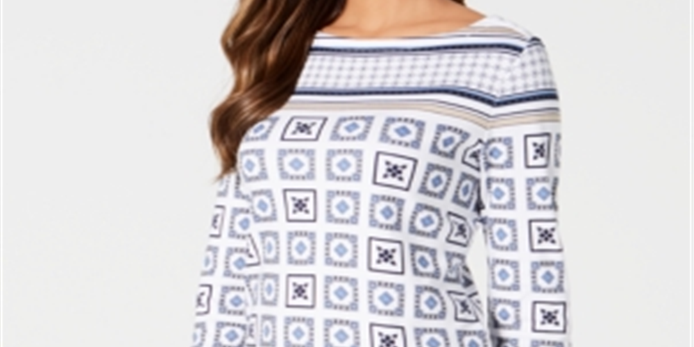 Charter Club Blusa feminina estampada com manga 3/4, branca, tamanho pequeno GG