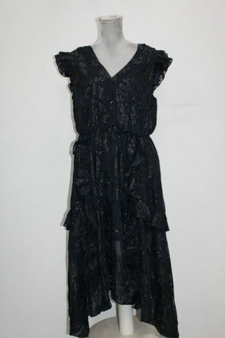 INC International Concepts Vestido de festa feminino com babados metálicos, sem mangas, decote em V, midi, azul, tamanho extragrande