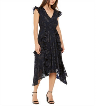 INC International Concepts Vestido de festa feminino com babados metálicos, sem mangas, decote em V, midi, azul, tamanho extragrande