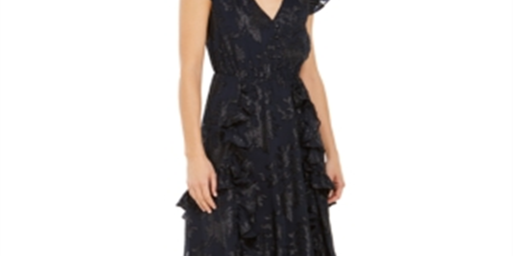INC International Concepts Vestido de festa feminino com babados metálicos, sem mangas, decote em V, midi, azul, tamanho extragrande