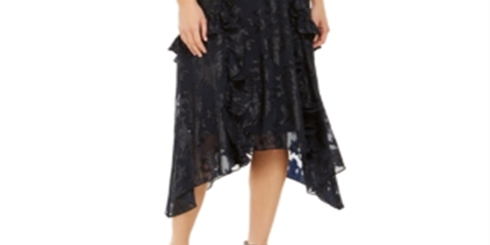 INC International Concepts Vestido de festa feminino com babados metálicos, sem mangas, decote em V, midi, azul, tamanho extragrande