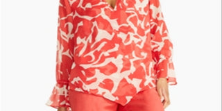 Blusa túnica feminina Alfani com estampa transparente, manga comprida, decote em V, vermelha, tamanho médio