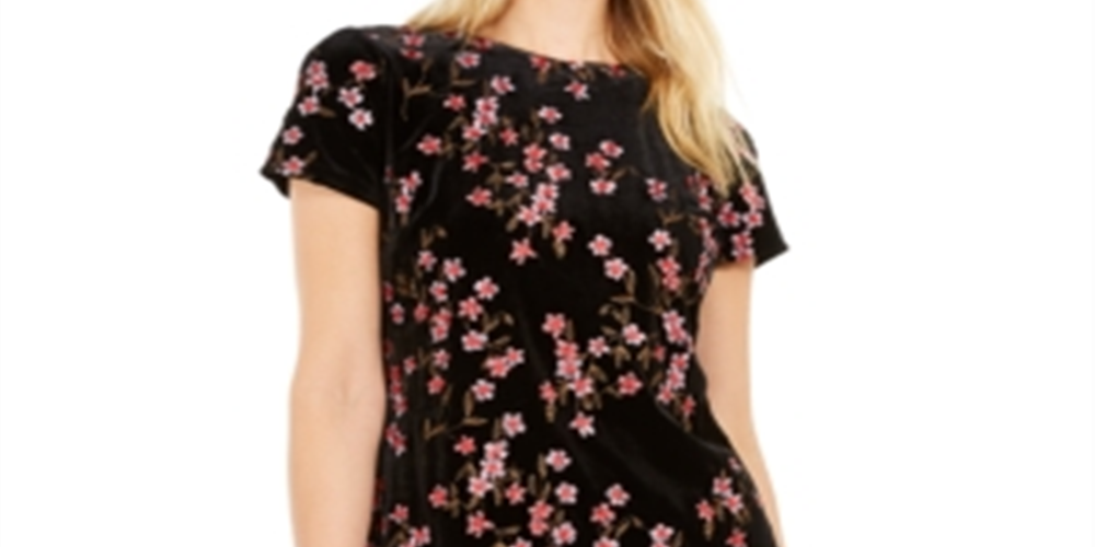 Vestido de festa curto Calvin Klein feminino com bordado floral, manga curta, gola redonda, preto, tamanho 8