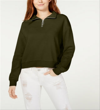 Crave Fame Junior's Waffle Knit Quarter Zip Top Green Size Medium