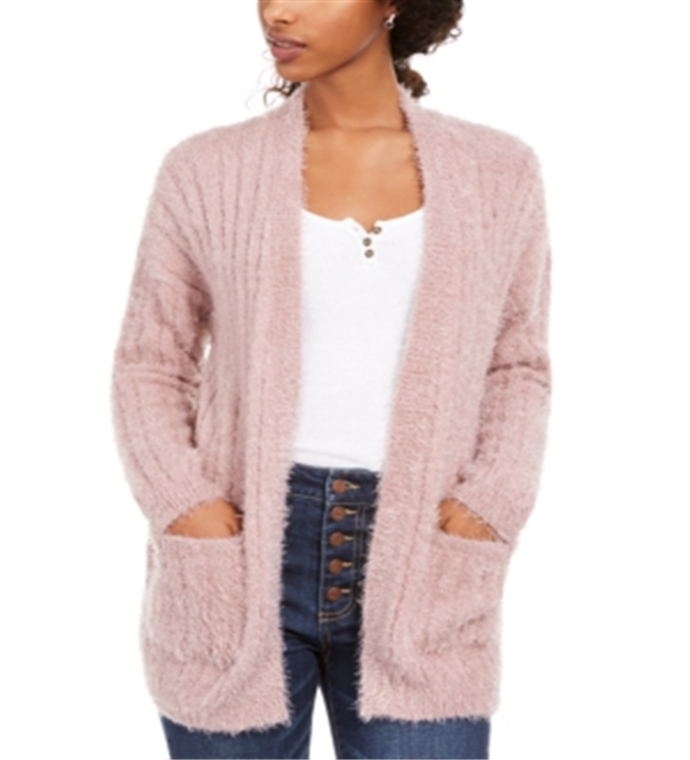 Cardigan Hippie Rose Juniors Fuzzy Rib-Knit Rosa Malva Desbotado Tamanho Médio