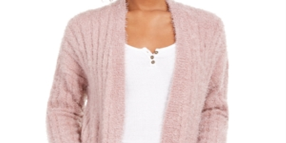Cardigan Hippie Rose Juniors Fuzzy Rib-Knit Rosa Malva Desbotado Tamanho Médio