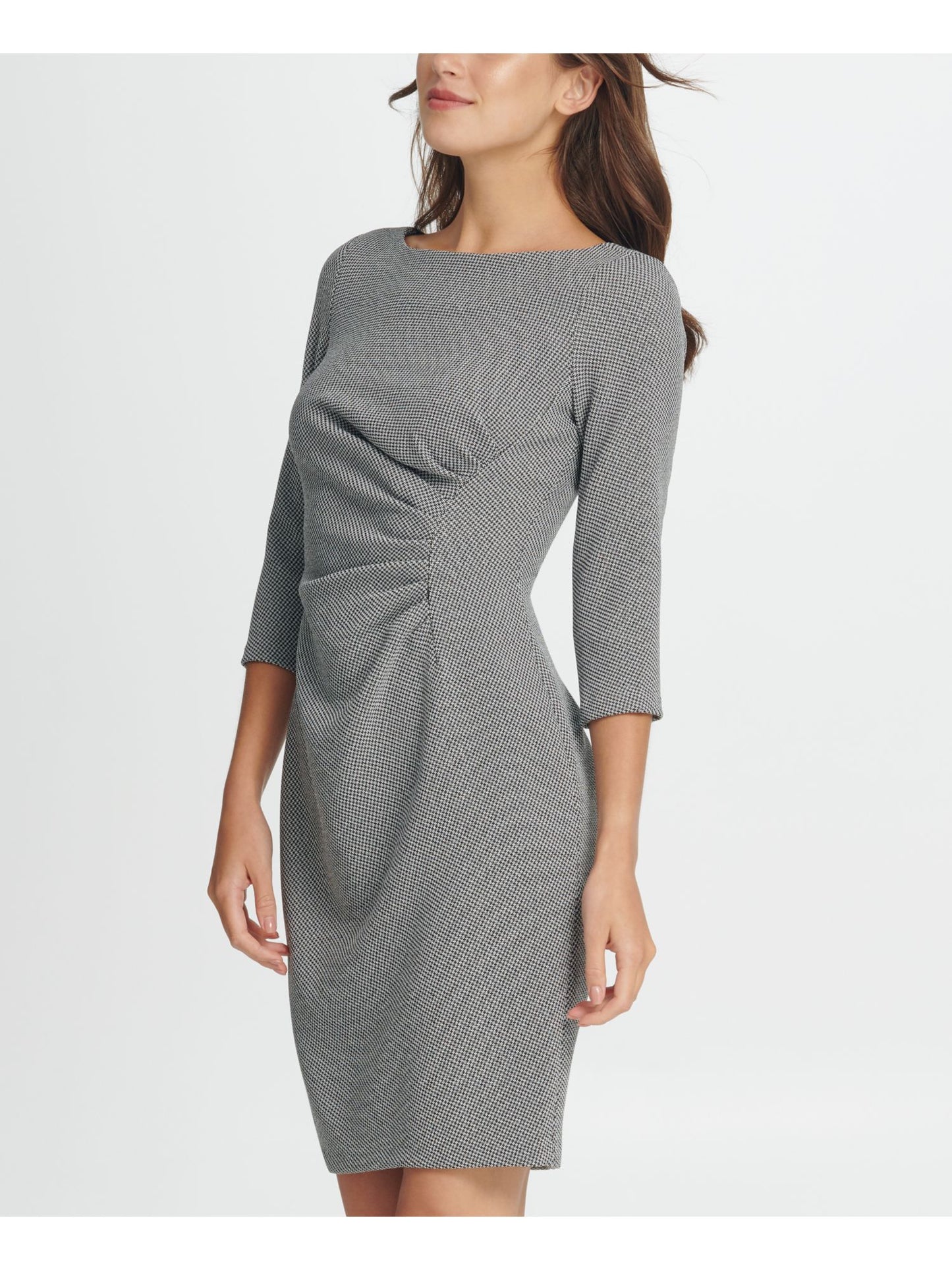 Vestido formal feminino DKNY com manga 3/4 e bainha acima do joelho, preto, tamanho 8